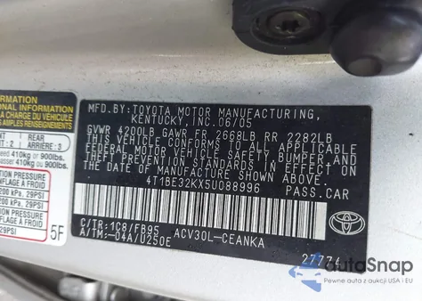 2005 Toyota Camry Le from USA, damaged, VIN 4T1BE32KX5U088996